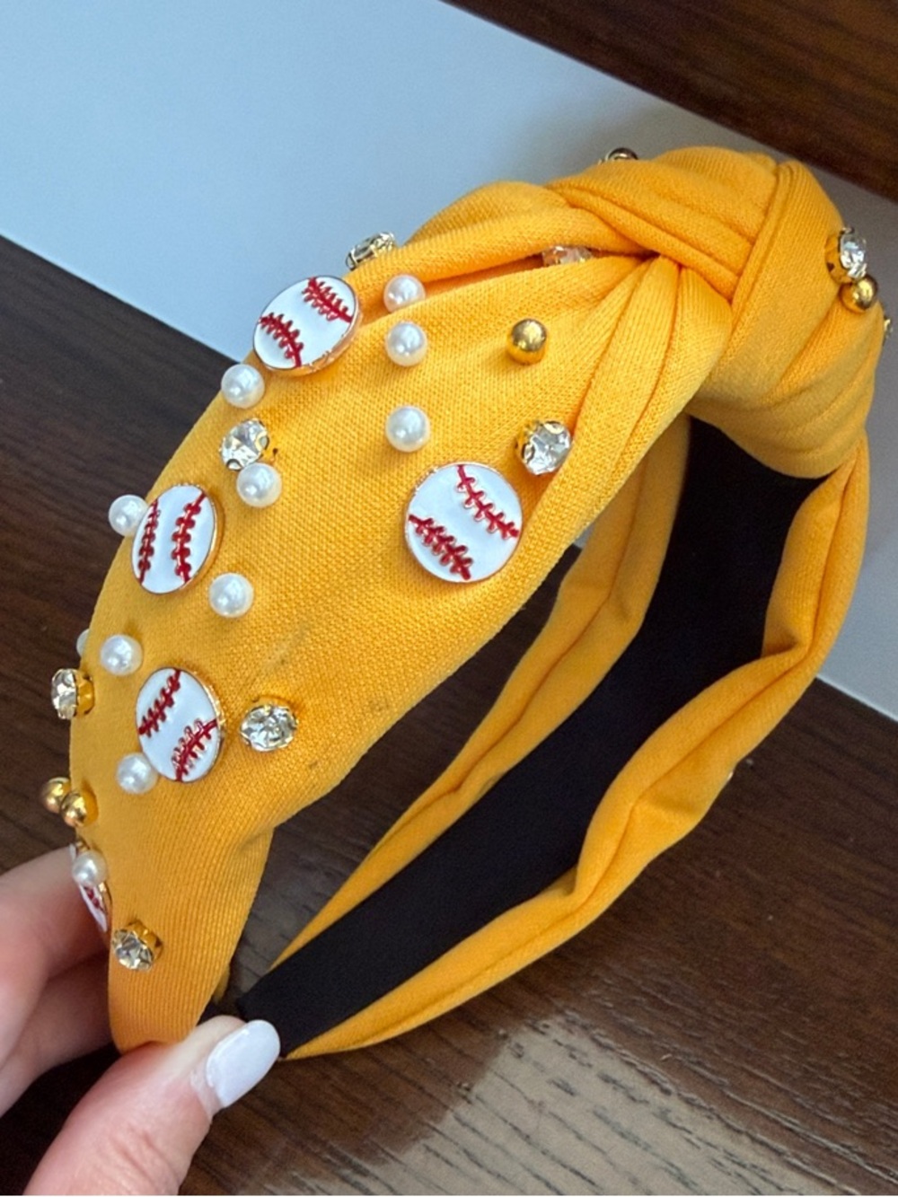 Yellow Embellished Knotted Headband with Baseball, Pearl & Gem Accents